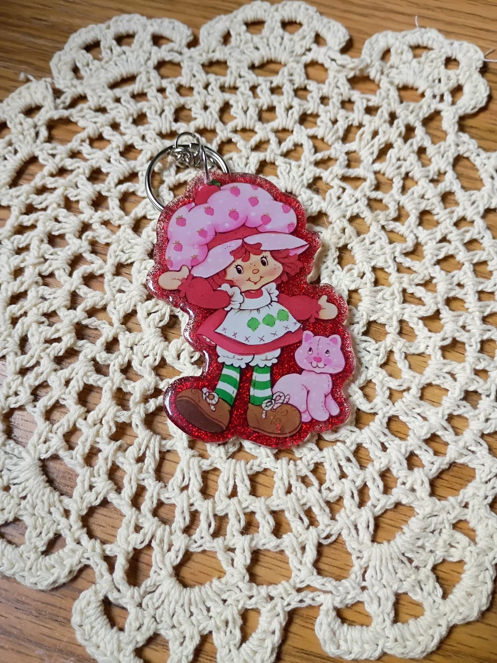 Pink Strawberry Girl Glitter Keychain Card Holder